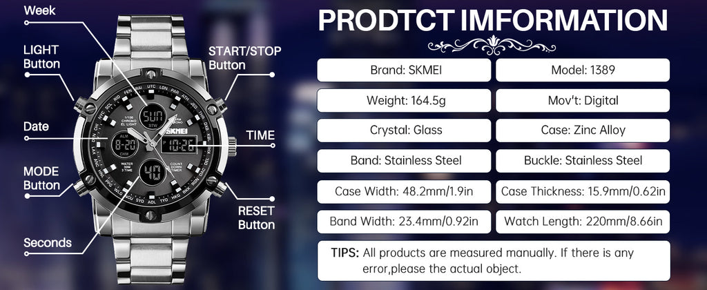 SKMEI Mens Wrist Watch, Waterproof Military Analog Digital Watches with LED Multi Time Chronograph, Stainless Steel Business Watches for Men