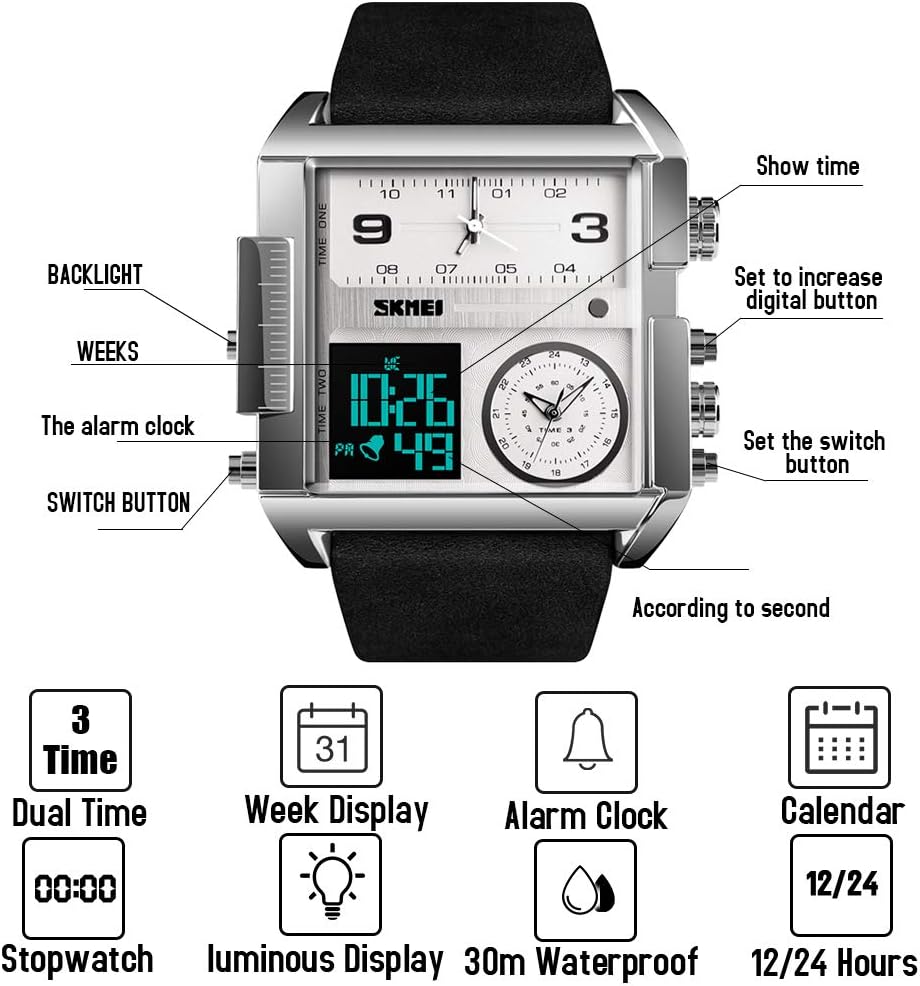 SKMEI Men's Digital Sports Watch, LED Square Large Face Analog Quartz Wrist Watch with Multi-Time Zone Waterproof Stopwatch