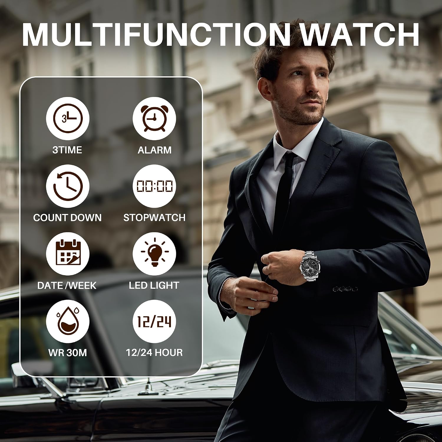 SKMEI Mens Wrist Watch, Waterproof Military Analog Digital Watches with LED Multi Time Chronograph, Stainless Steel Business Watches for Men