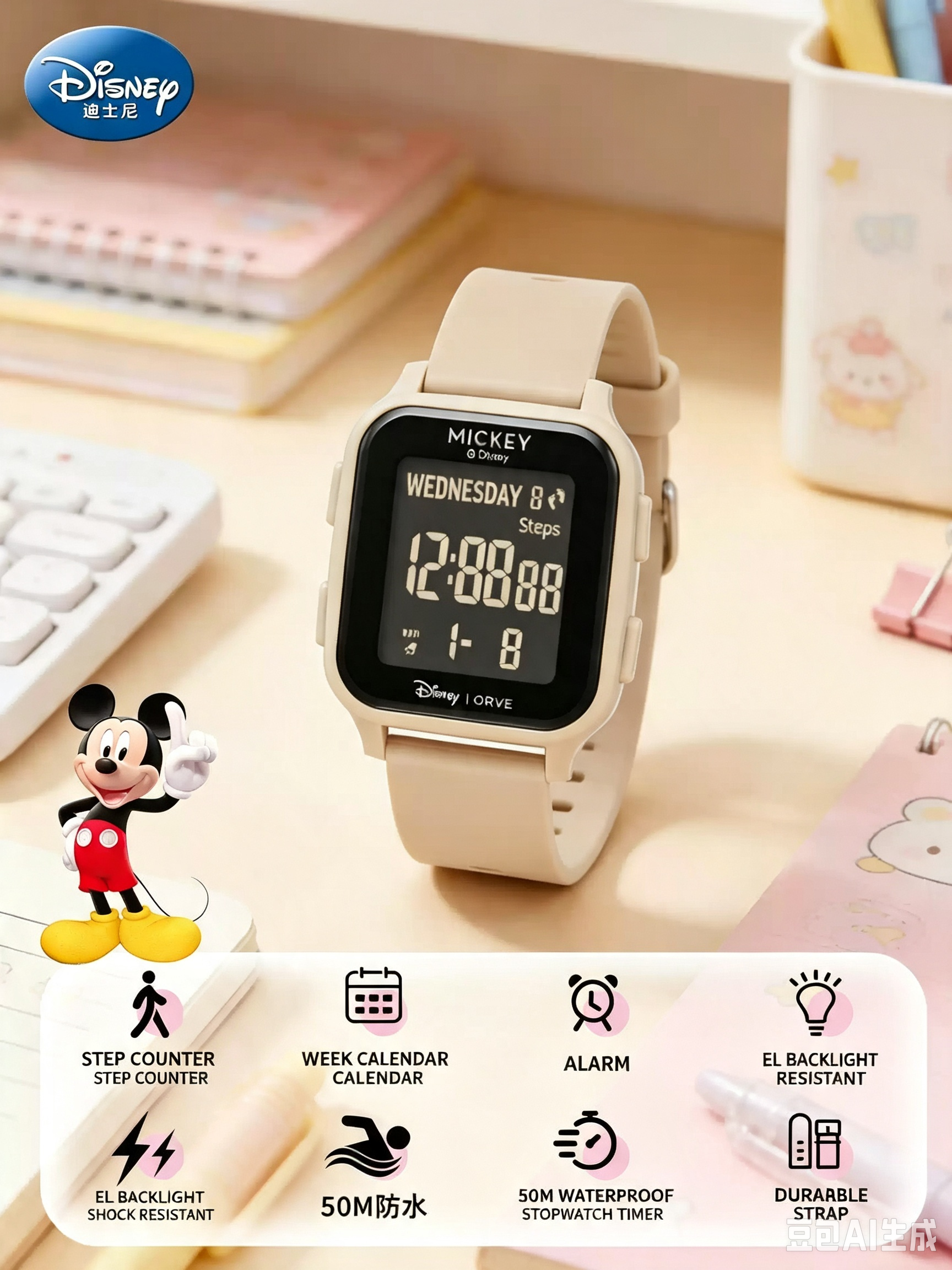 Disney Mickey Square Digital Watch, 50M Waterproof Student Watch with Step Counter