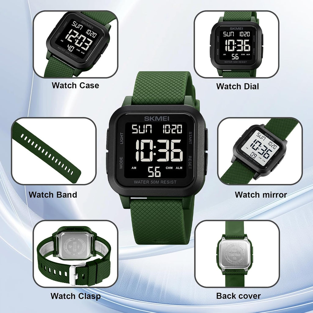 SKMEI Watches for Men,Military Square Ultra-Thin Digital Women Watch with Dual Time 50M Waterproof LED Light Alarm Stopwatch Unisex Sports Watch