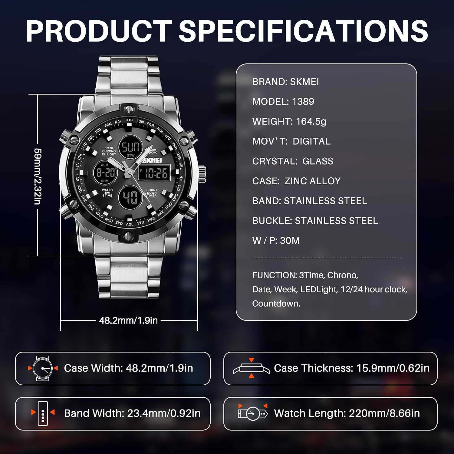 SKMEI Mens Wrist Watch, Waterproof Military Analog Digital Watches with LED Multi Time Chronograph, Stainless Steel Business Watches for Men
