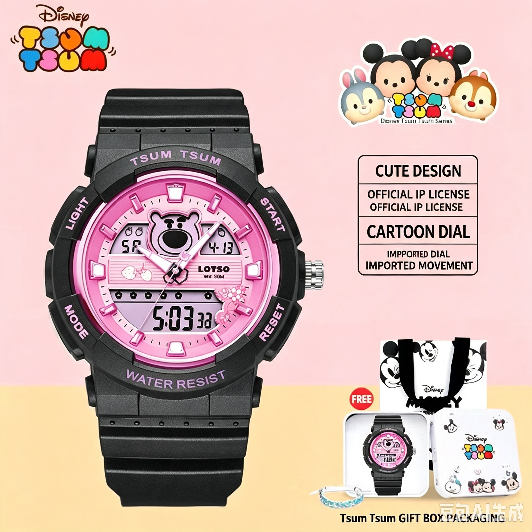 Disney Lotso TSUM TSUM Sports Watch, 50M Waterproof Shock Resistant Analog‑Digital Wrist Watch with Alarm Stopwatch Backlight Calendar, Student Teen Girls Gift Watch