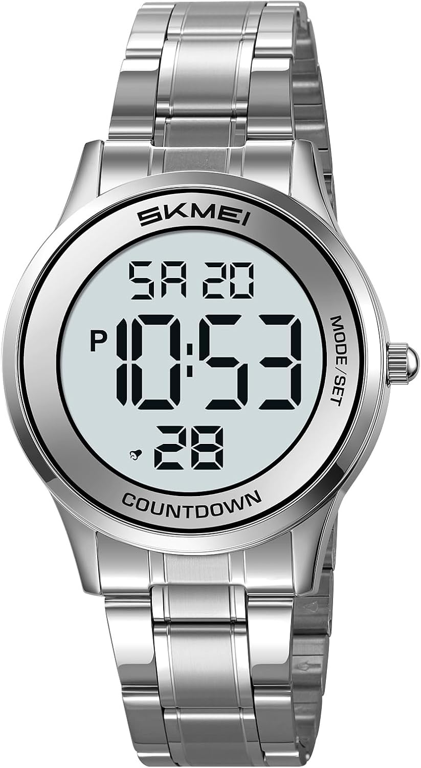 FANMIS Men’s and Women’s Digital Retro Watch with Stainless Steel Bracelet Waterproof LED Wristwatch with Alarm, Stopwatch, Countdown, Classic Business Watches
