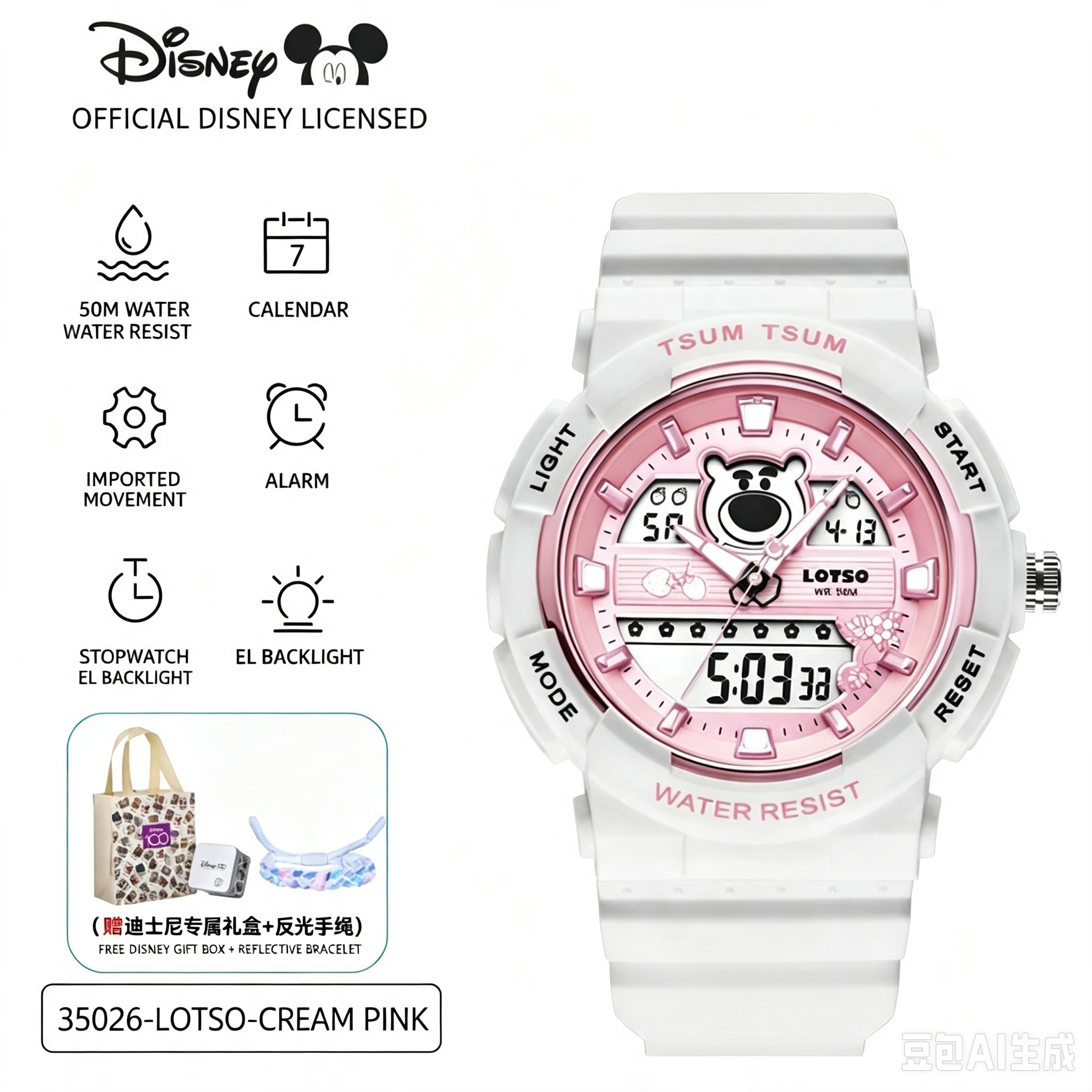 Disney Lotso TSUM TSUM Sports Watch, 50M Waterproof Shock Resistant Analog‑Digital Wrist Watch with Alarm Stopwatch Backlight Calendar, Student Teen Girls Gift Watch