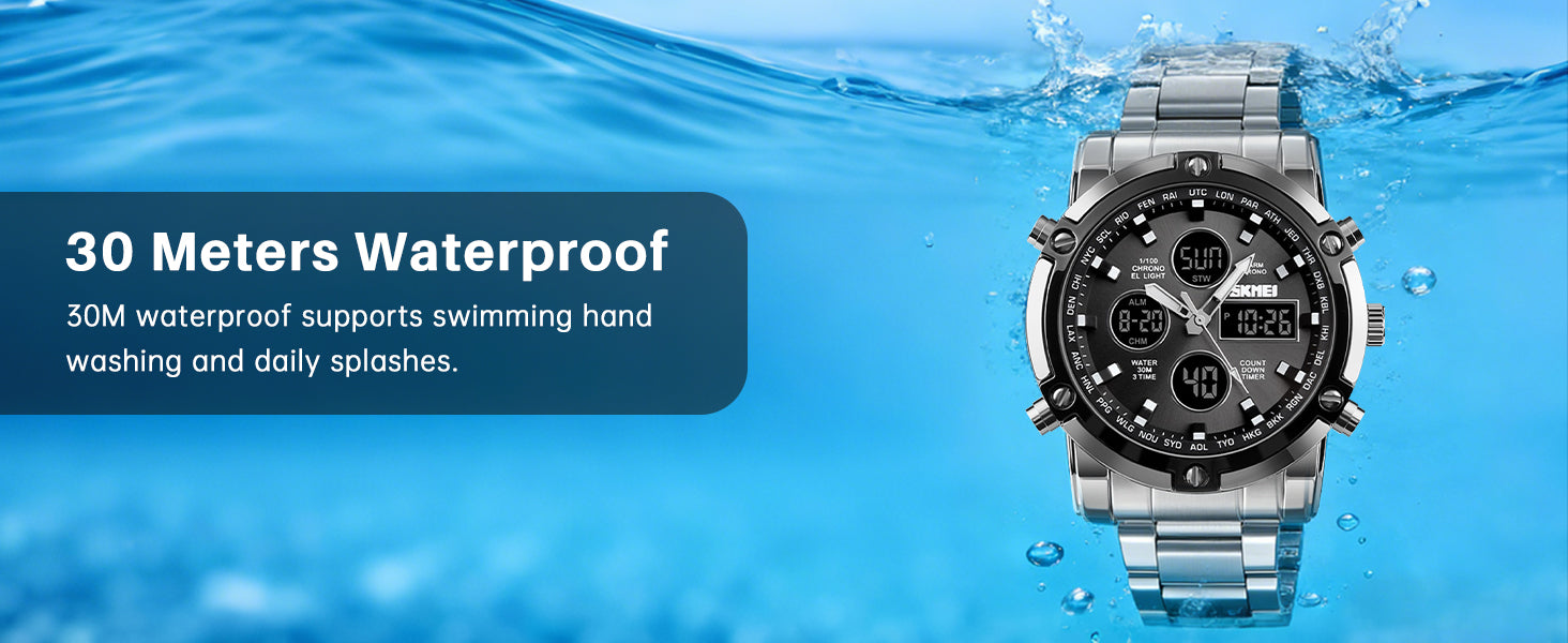 SKMEI Mens Wrist Watch, Waterproof Military Analog Digital Watches with LED Multi Time Chronograph, Stainless Steel Business Watches for Men