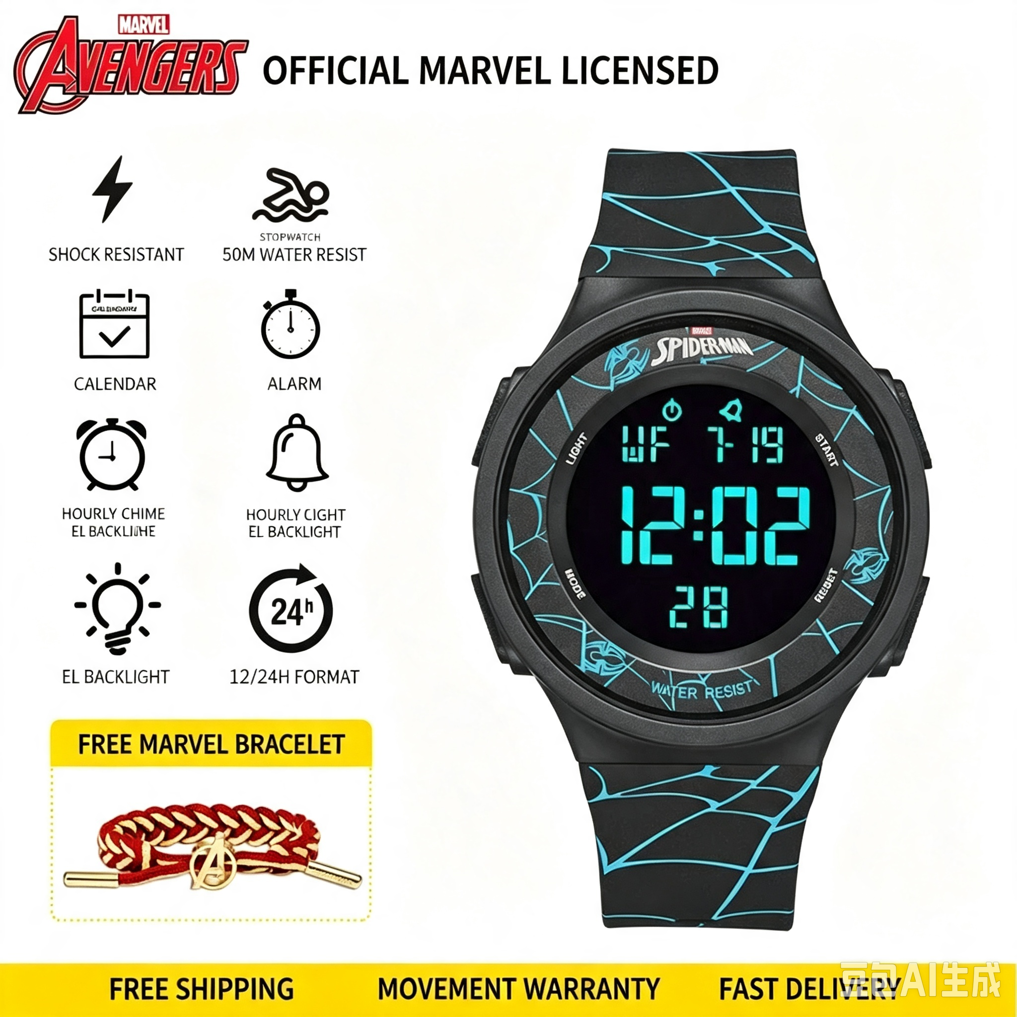 Official Marvel Spider‑Man Digital Sports Watch, 50M Waterproof Shock Resistant Wrist Watch with Alarm Stopwatch LED Backlight Calendar 12/24H, Teen Boys Student Gift Watch