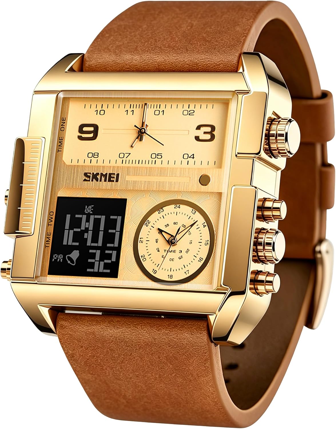 SKMEI Men's Digital Sports Watch, LED Square Large Face Analog Quartz Wrist Watch with Multi-Time Zone Waterproof Stopwatch