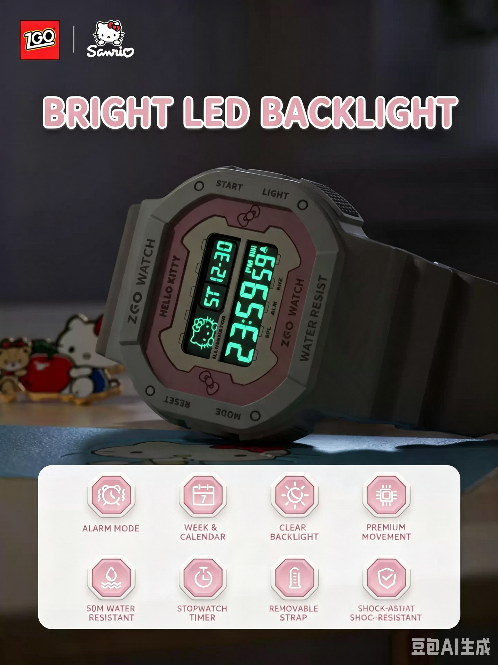 ZGO x Sanrio Hello Kitty Digital Sports Watch, 50M Waterproof LED Backlight Alarm Stopwatch Wrist Watch, Girls Student Watch With Sanrio Gift Box