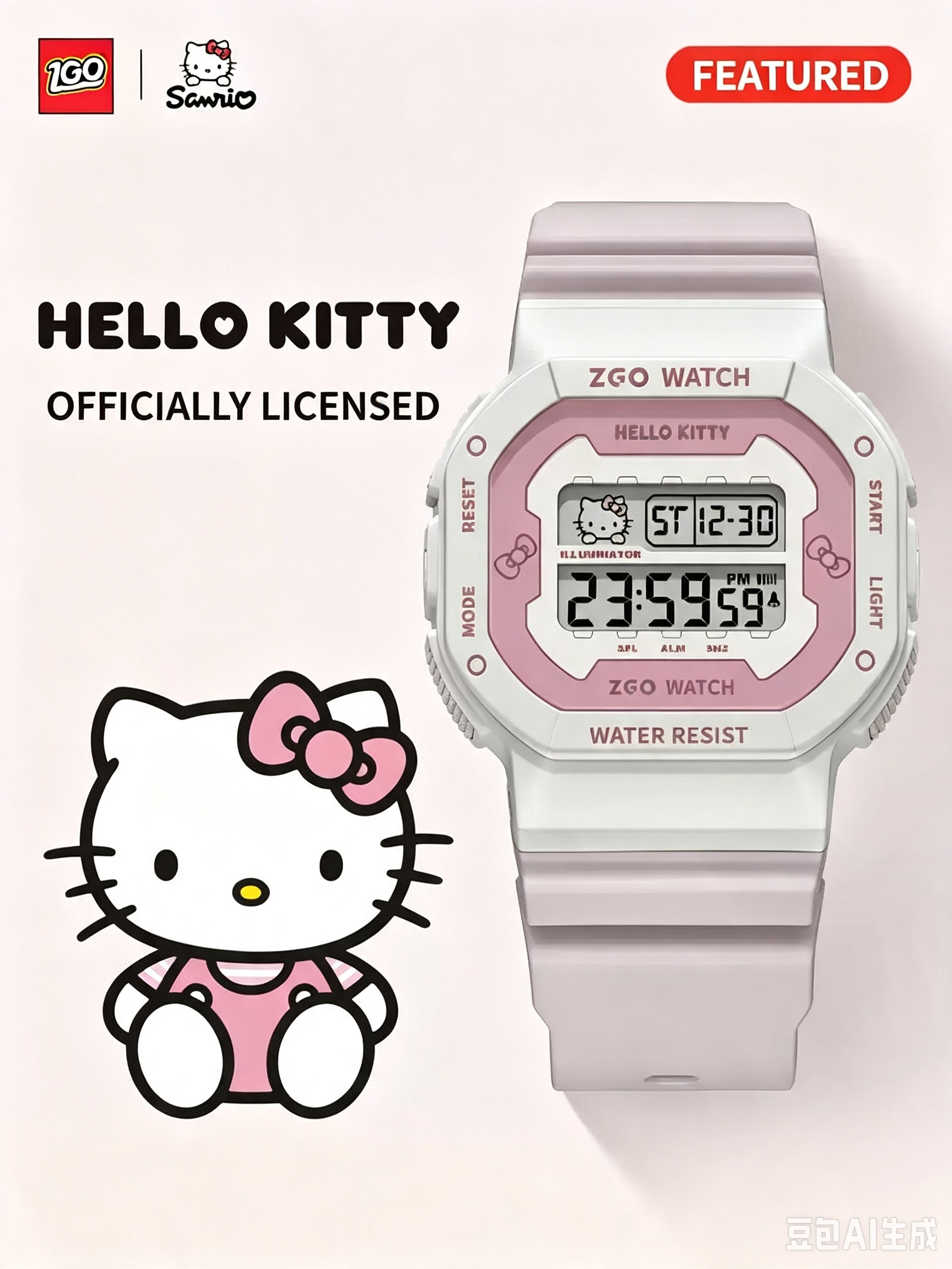 ZGO x Sanrio Hello Kitty Digital Sports Watch, 50M Waterproof LED Backlight Alarm Stopwatch Wrist Watch, Girls Student Watch With Sanrio Gift Box