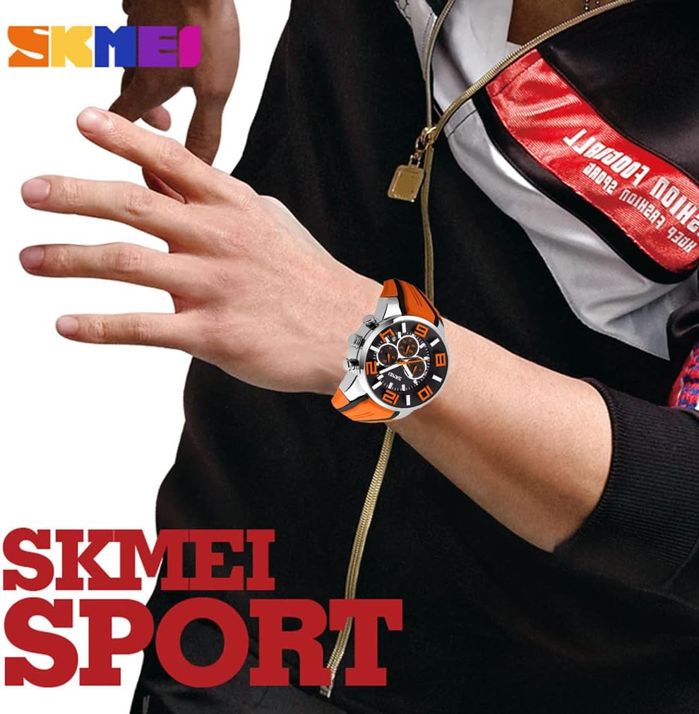 SKMEI Men Watches Silicone Band Young Waterproof Sports Fashion Casual Large Big Face Chronograph Luxury Luminous Analog Quartz Black Wrist Watch Gifts