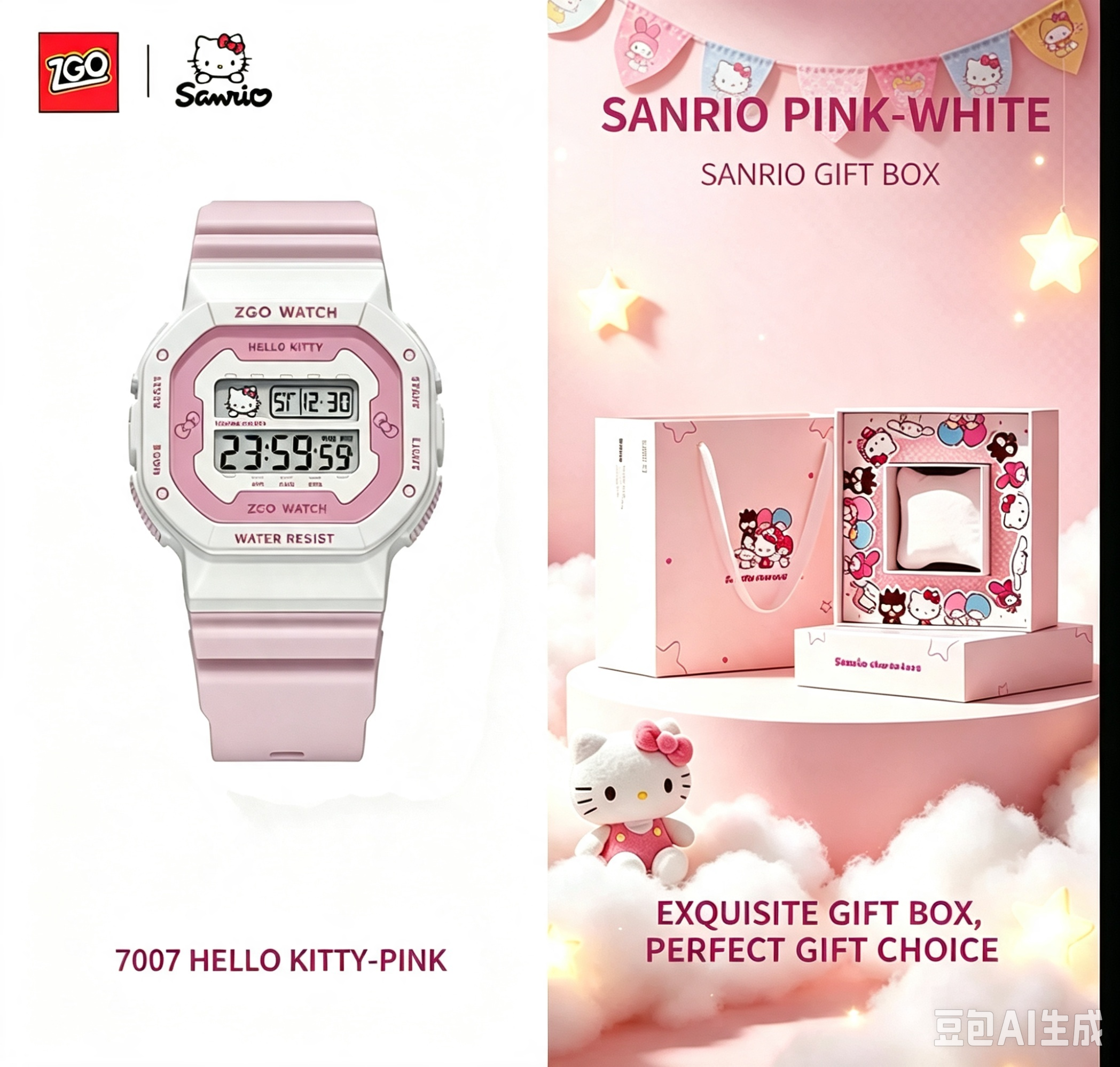 ZGO x Sanrio Hello Kitty Digital Sports Watch, 50M Waterproof LED Backlight Alarm Stopwatch Wrist Watch, Girls Student Watch With Sanrio Gift Box