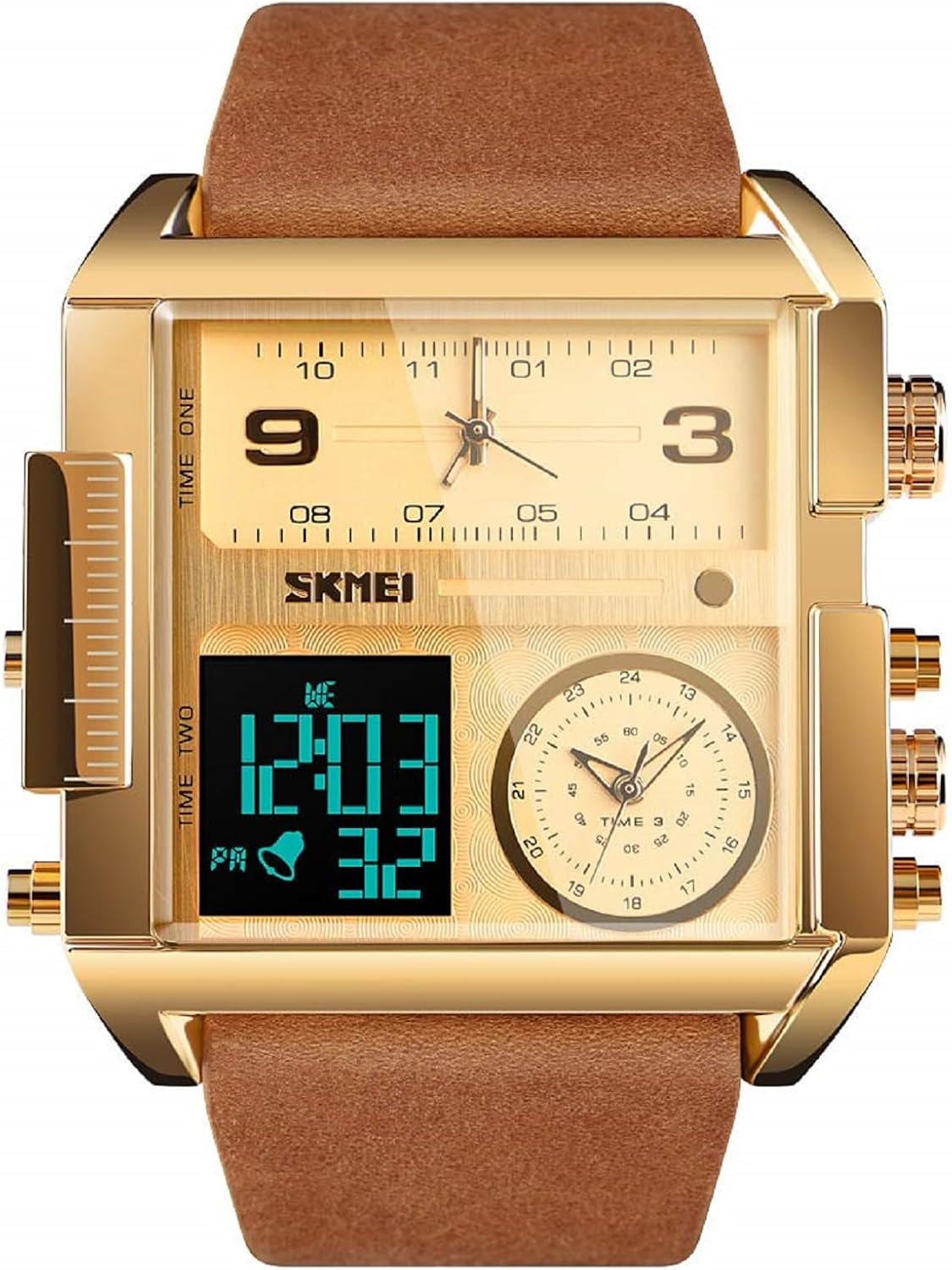 SKMEI Men's Digital Sports Watch, LED Square Large Face Analog Quartz Wrist Watch with Multi-Time Zone Waterproof Stopwatch