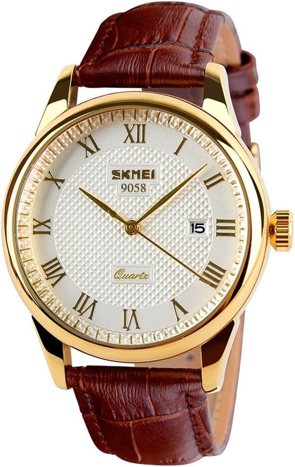 SKMEI Business Men’s Quartz Wristwatches Roman Numeral Leather Band Casual Water Resist Analog Watches