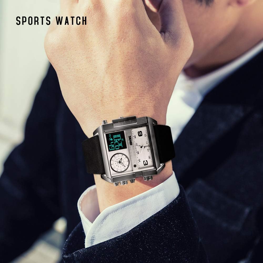 SKMEI Men's Digital Sports Watch, LED Square Large Face Analog Quartz Wrist Watch with Multi-Time Zone Waterproof Stopwatch