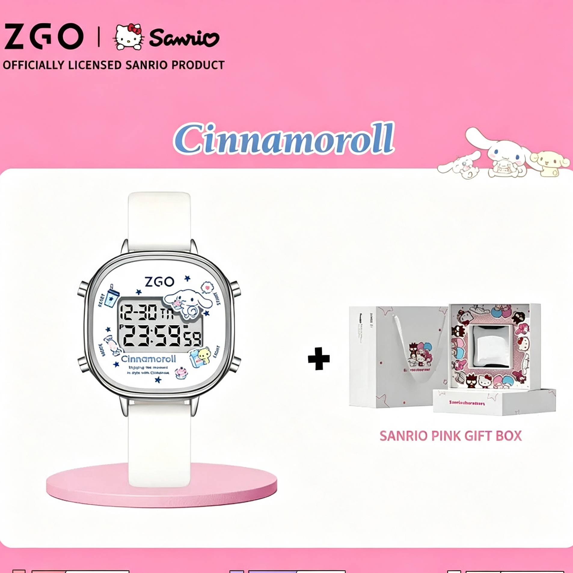 ZGO x Sanrio Cinnamoroll Digital Watch Gift‑Box Set, Officially Licensed, PU Leather Strap Electronic Wrist Watch with Sanrio Themed Gift Box for Girls Teens