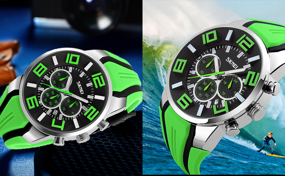 SKMEI Men Watches Silicone Band Young Waterproof Sports Fashion Casual Large Big Face Chronograph Luxury Luminous Analog Quartz Black Wrist Watch Gifts