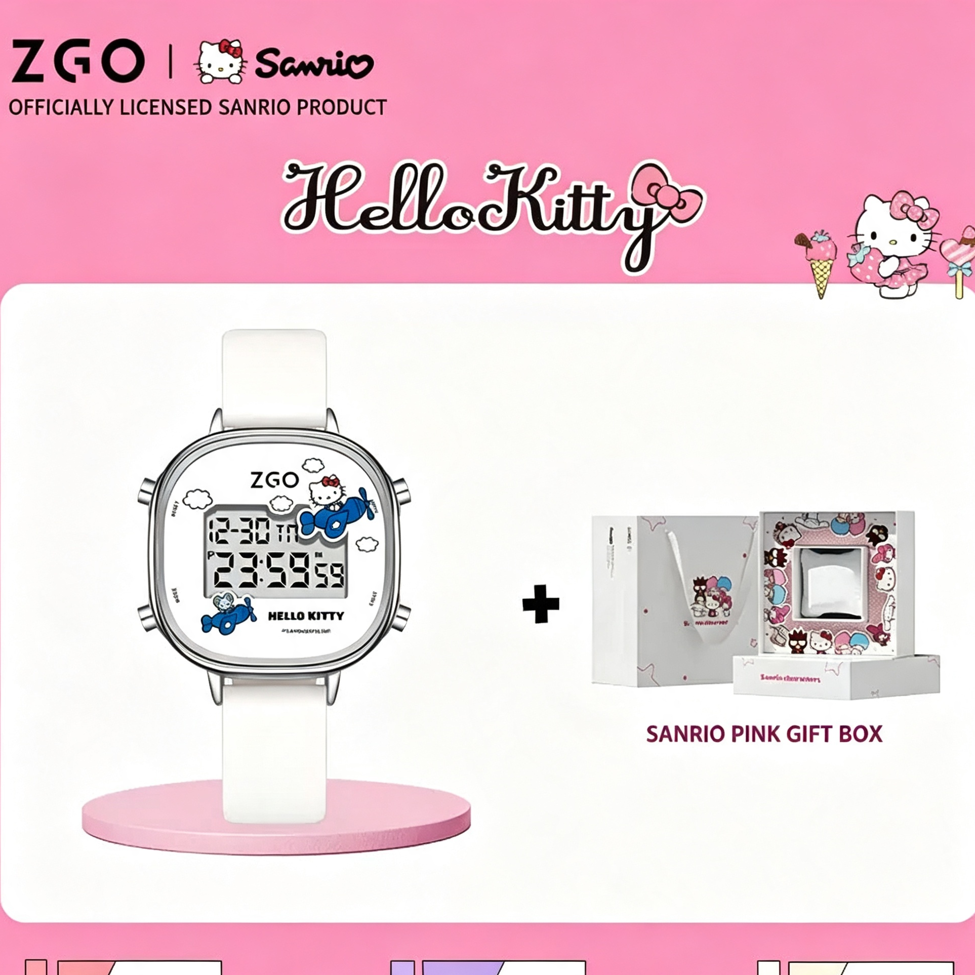 ZGO x Sanrio Hello Kitty Digital Watch Gift‑Box Set, Officially Licensed, PU Leather Strap Electronic Wrist Watch with Sanrio Themed Gift Box for Girls Teens