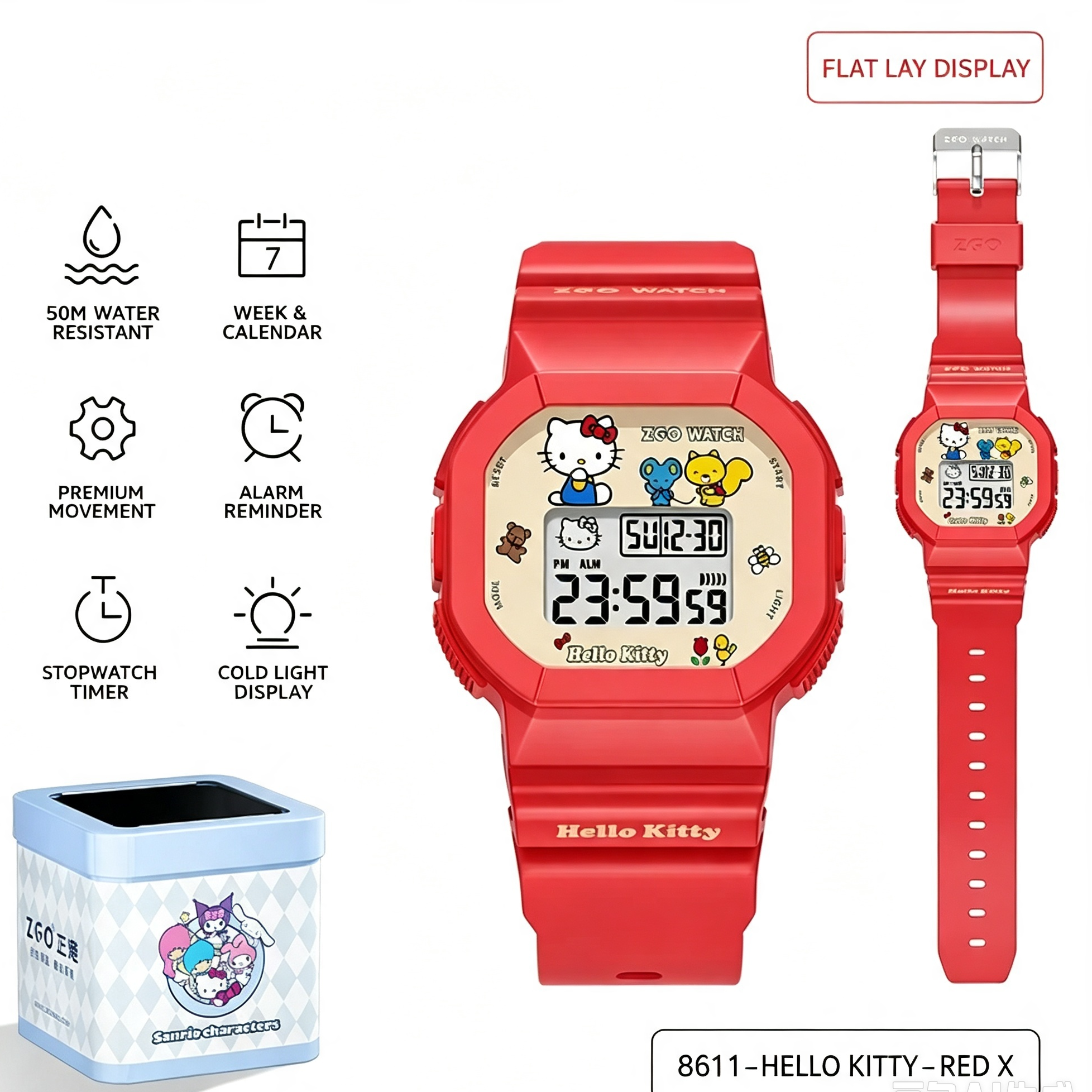 ZGO x Sanrio Hello Kitty Digital Watch, Officially Licensed 50M Water Resistant Red Silicone Electronic Wrist Watch for Students Teens Girls