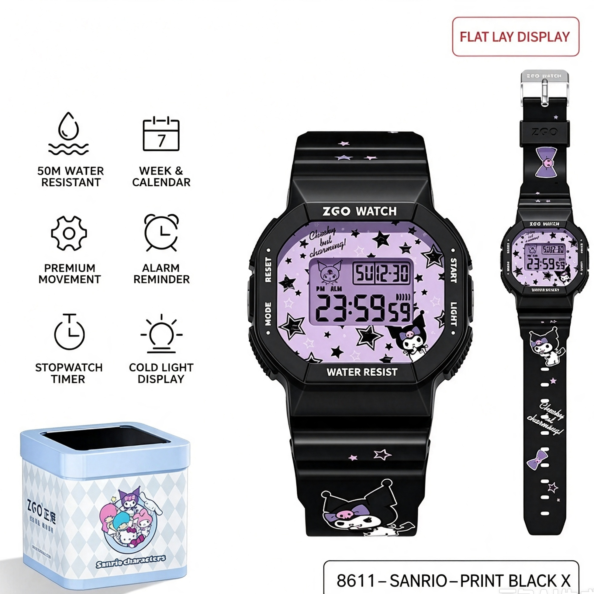 ZGO x Sanrio Kuromi Digital Watch, Officially Licensed 50M Water Resistant Full‑Print Electronic Wrist Watch for Students Teens Girls
