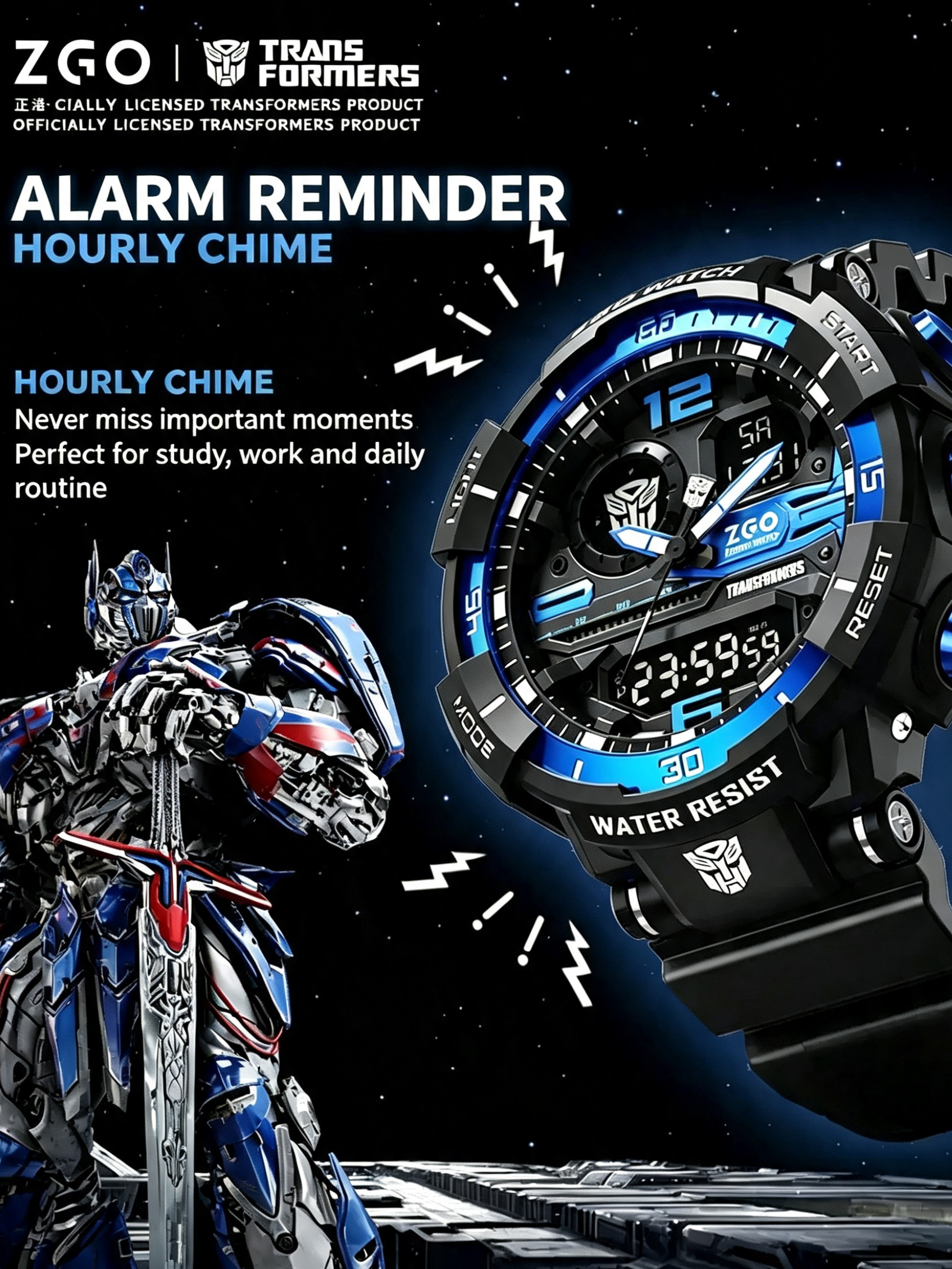 ZGO Transformers Official Licensed Dual Display Watch 50M Water Resistant Sport Alarm Stopwatch Wrist Watch for Boys Teens
