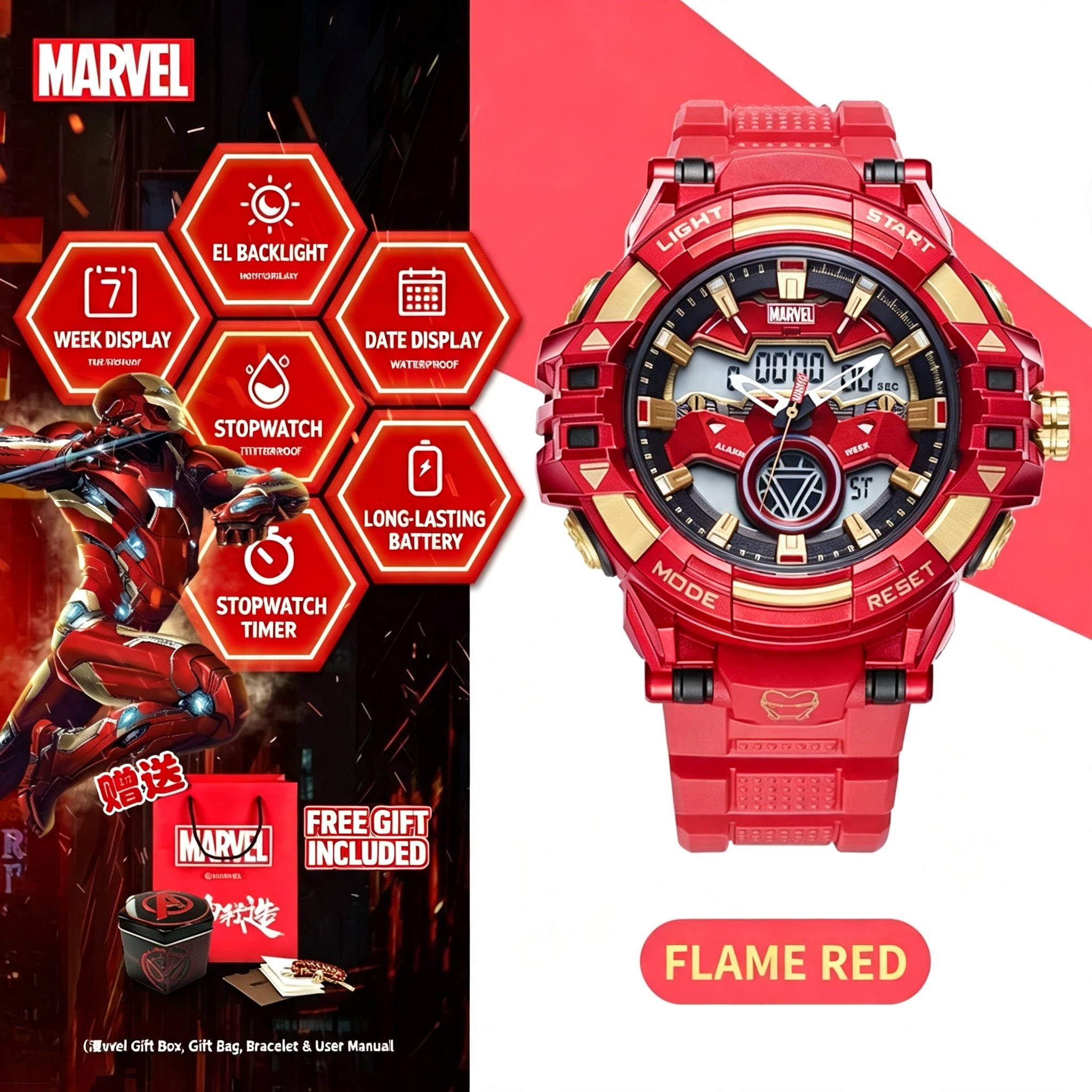 Marvel Iron Man 2026 Digital Watch for Boys-With Marvel Gift Box, Gift Bag, Bracelet & User Manual