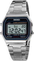 SNE Men's Digital Watch Stainless Steel Band Water Resistant Electronic Square LED Back Light Wristwatch