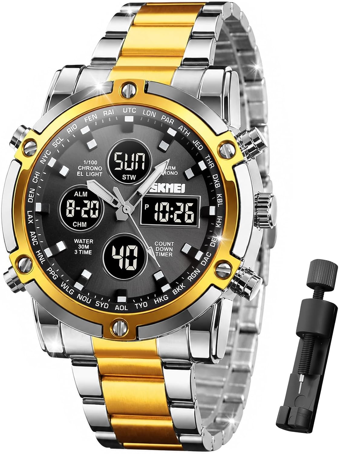 SKMEI Mens Wrist Watch, Waterproof Military Analog Digital Watches with LED Multi Time Chronograph, Stainless Steel Business Watches for Men