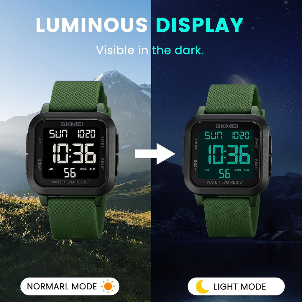 SKMEI Watches for Men,Military Square Ultra-Thin Digital Women Watch with Dual Time 50M Waterproof LED Light Alarm Stopwatch Unisex Sports Watch