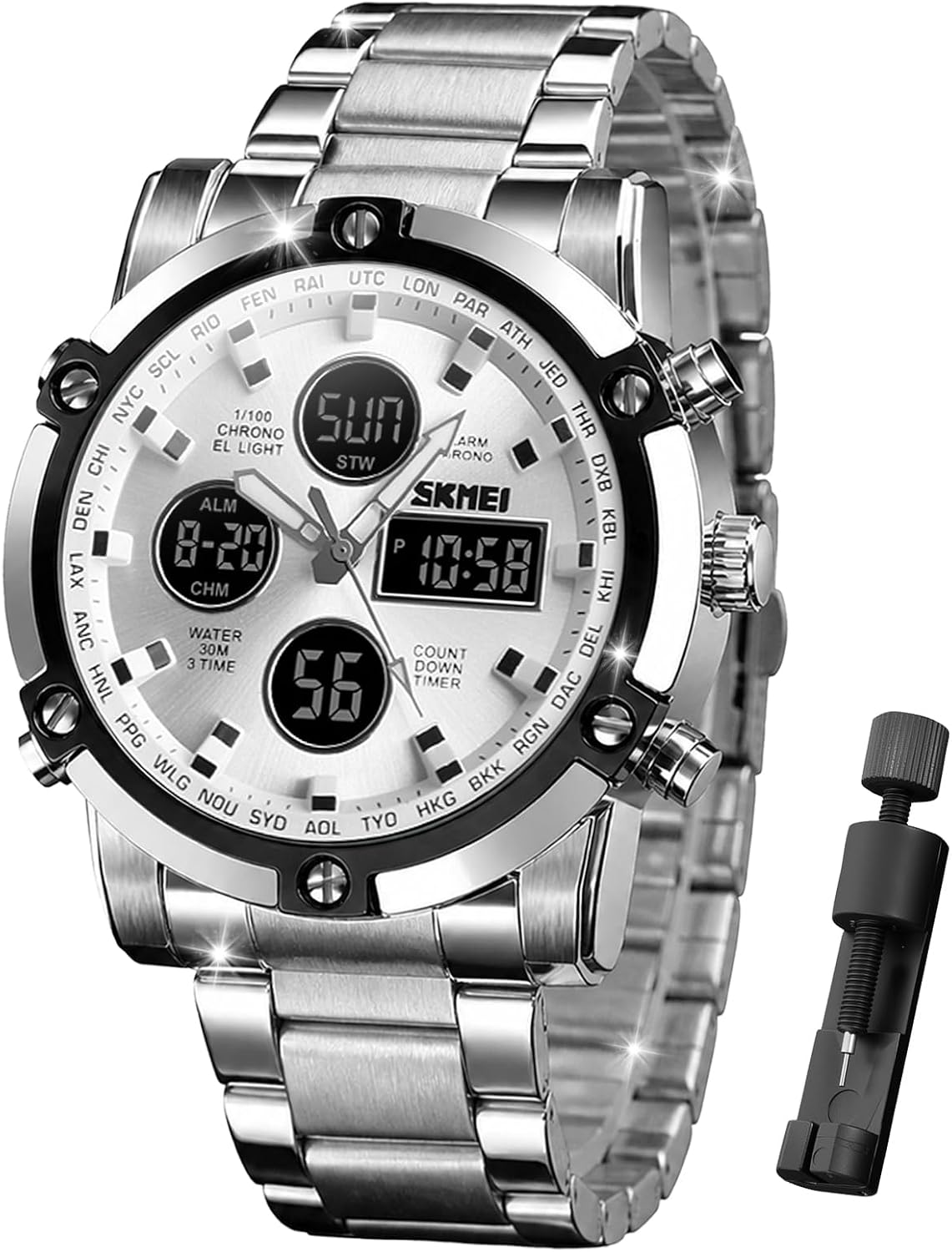 SKMEI Mens Wrist Watch, Waterproof Military Analog Digital Watches with LED Multi Time Chronograph, Stainless Steel Business Watches for Men