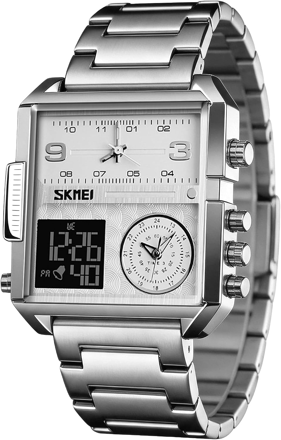 SKMEI Men's Digital Sports Watch, LED Square Large Face Analog Quartz Wrist Watch with Multi-Time Zone Waterproof Stopwatch