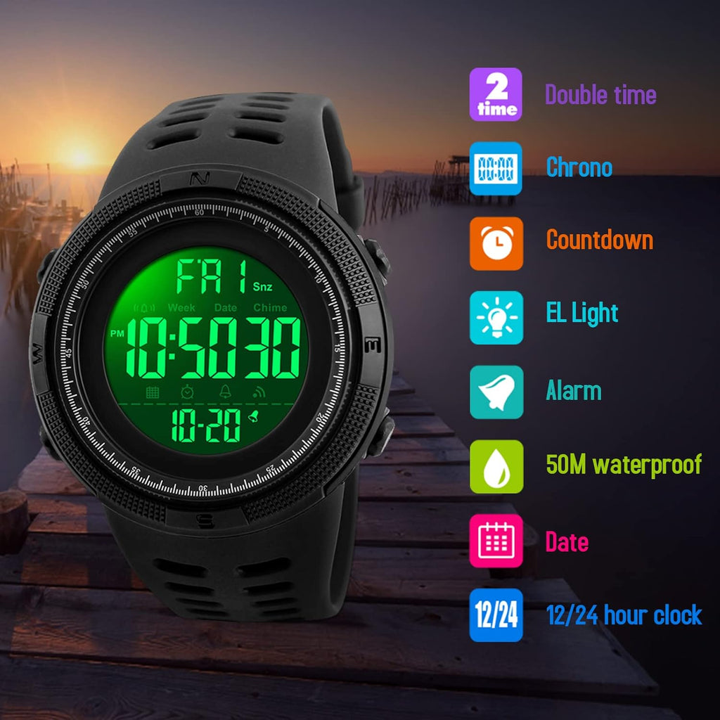 SKMEI Watch for Men,Military Sports Round Digital Watch with Waterproof Led Light Stopwatch Countdown Date Alarms Chronograph