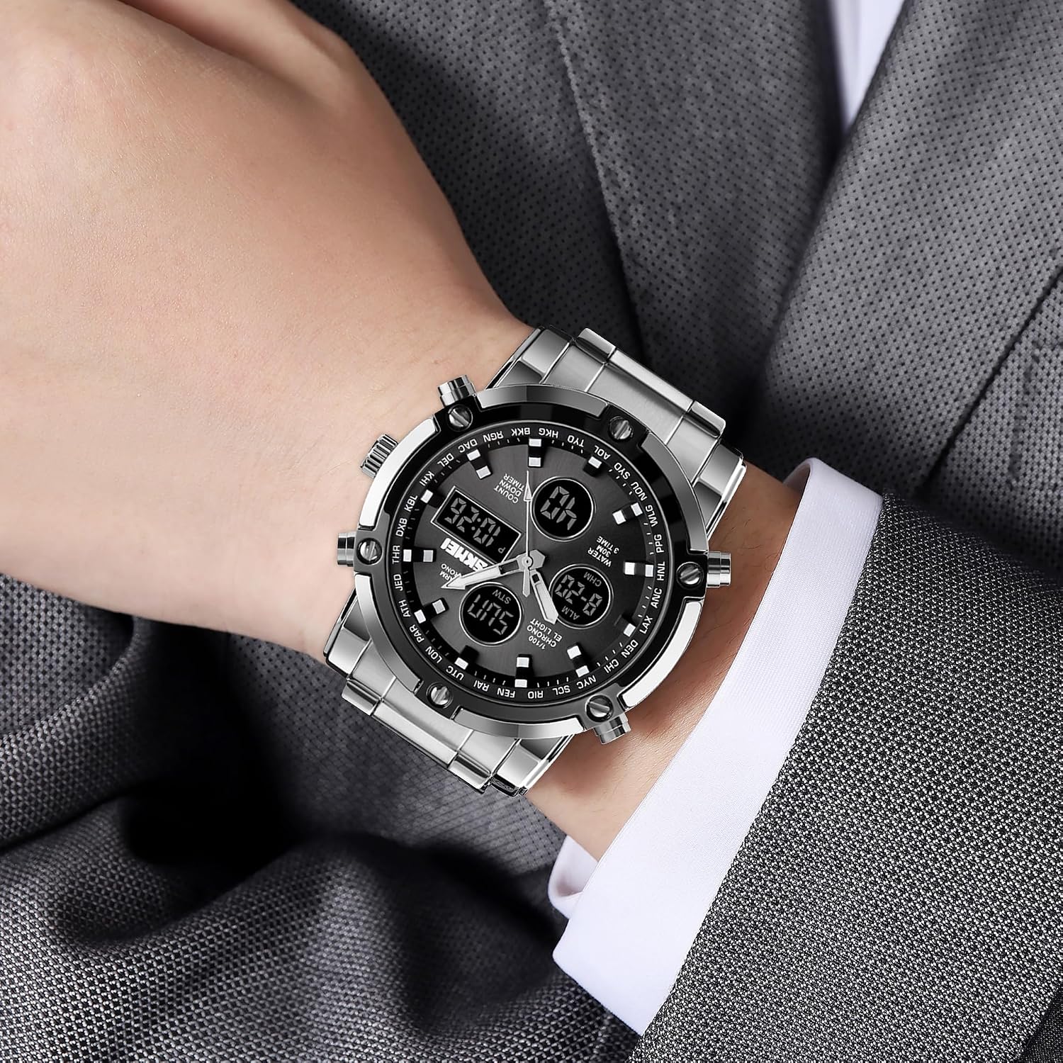 SKMEI Mens Wrist Watch, Waterproof Military Analog Digital Watches with LED Multi Time Chronograph, Stainless Steel Business Watches for Men