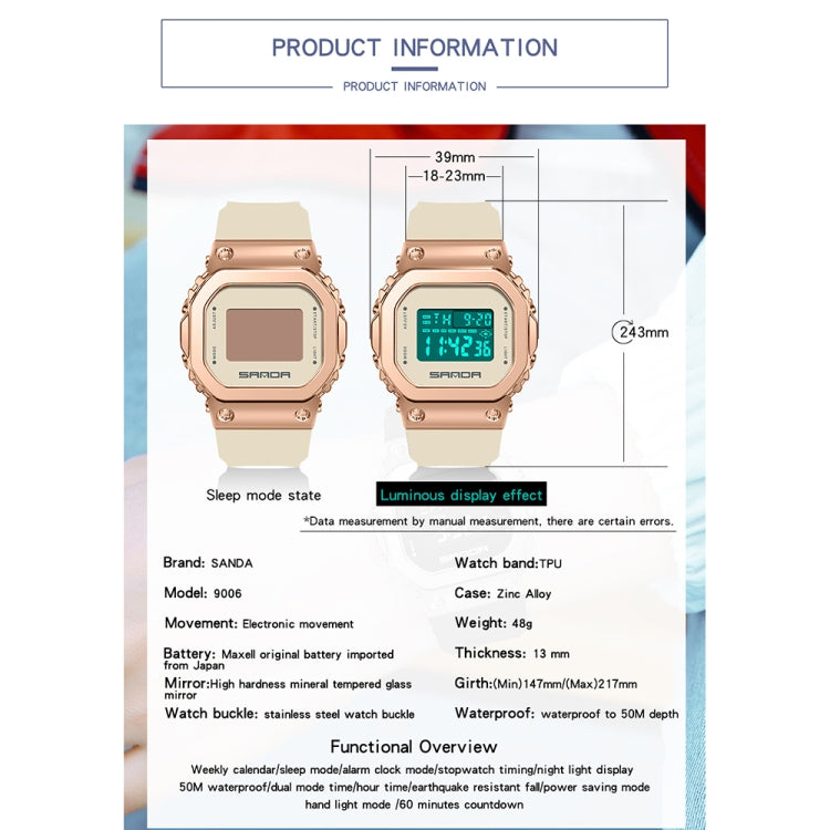 SANDA 9006 LED Digital Display Square Dial Sports Electronic Watch for Men and Women