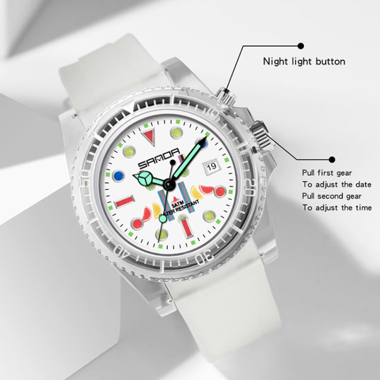 SANDA 6078 Fluorescent Calendar Dial Transparent Strap Quartz Watch for Women
