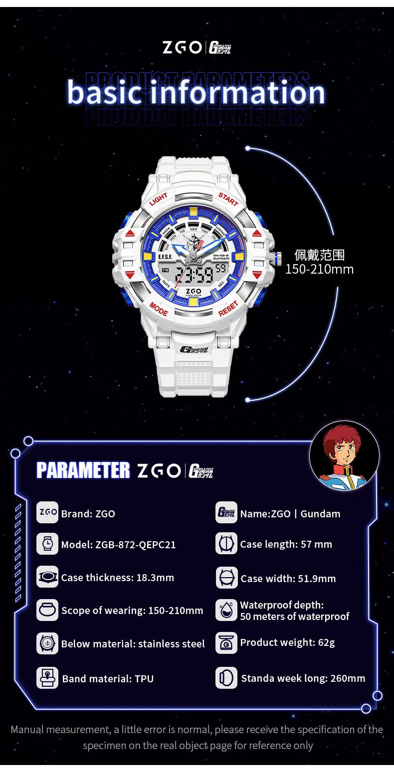 ZGO X Gundam Kids Watch Mechanical Waterproof Sports Electronic Digital Watches For Middle School Student Teenage Boys