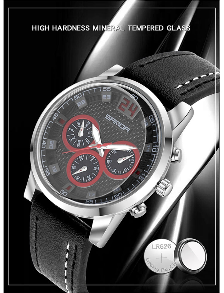 SANDA 5009 Business Fashion Three Eye Six Needle Casual Leather Waterproof Men Quartz Watch