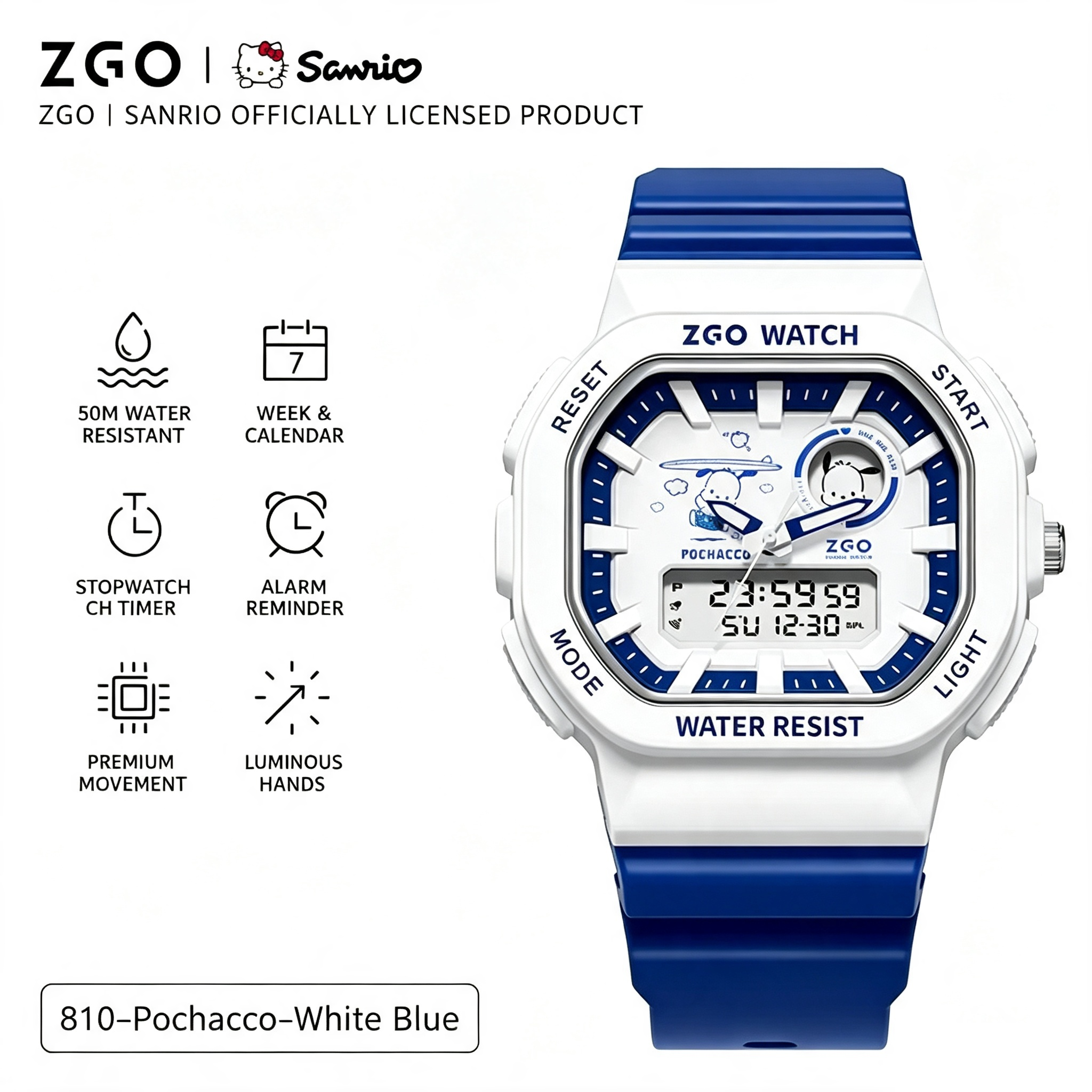 ZGO x Sanrio Pochacco Officially Licensed Dual‑Display Watch, 50M Waterproof Luminous Hands Student Wrist Watch for Boys Girls