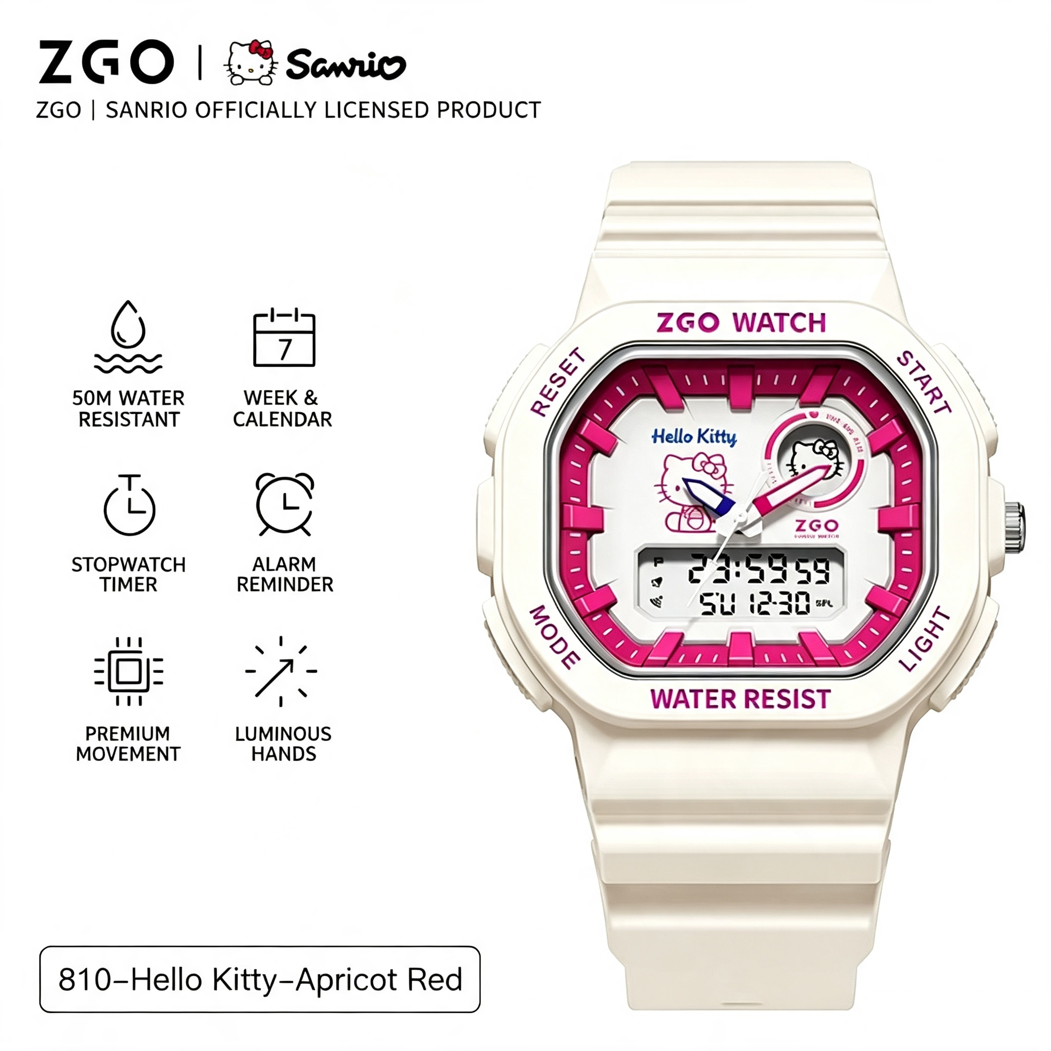 ZGO x Sanrio Hello Kitty Officially Licensed Dual‑Display Watch, 50M Waterproof Luminous Hands Student Wrist Watch for Girls
