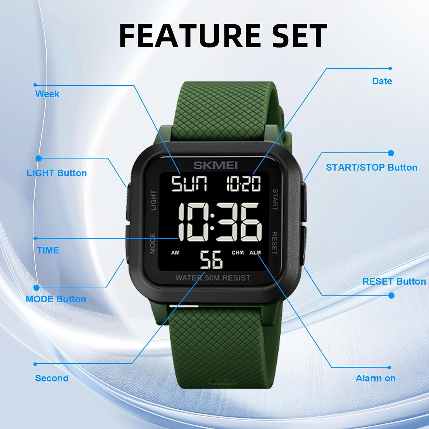 SKMEI Watches for Men,Military Square Ultra-Thin Digital Women Watch with Dual Time 50M Waterproof LED Light Alarm Stopwatch Unisex Sports Watch