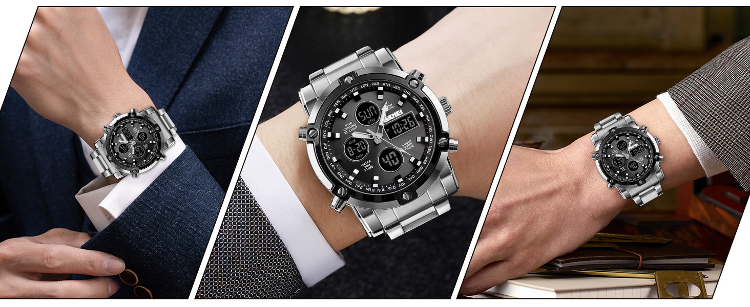 SKMEI Mens Wrist Watch, Waterproof Military Analog Digital Watches with LED Multi Time Chronograph, Stainless Steel Business Watches for Men