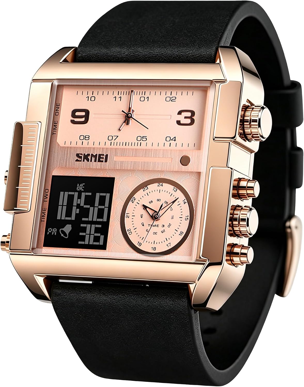 SKMEI Men's Digital Sports Watch, LED Square Large Face Analog Quartz Wrist Watch with Multi-Time Zone Waterproof Stopwatch