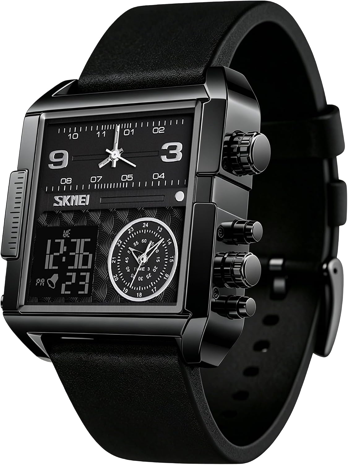 SKMEI Men's Digital Sports Watch, LED Square Large Face Analog Quartz Wrist Watch with Multi-Time Zone Waterproof Stopwatch