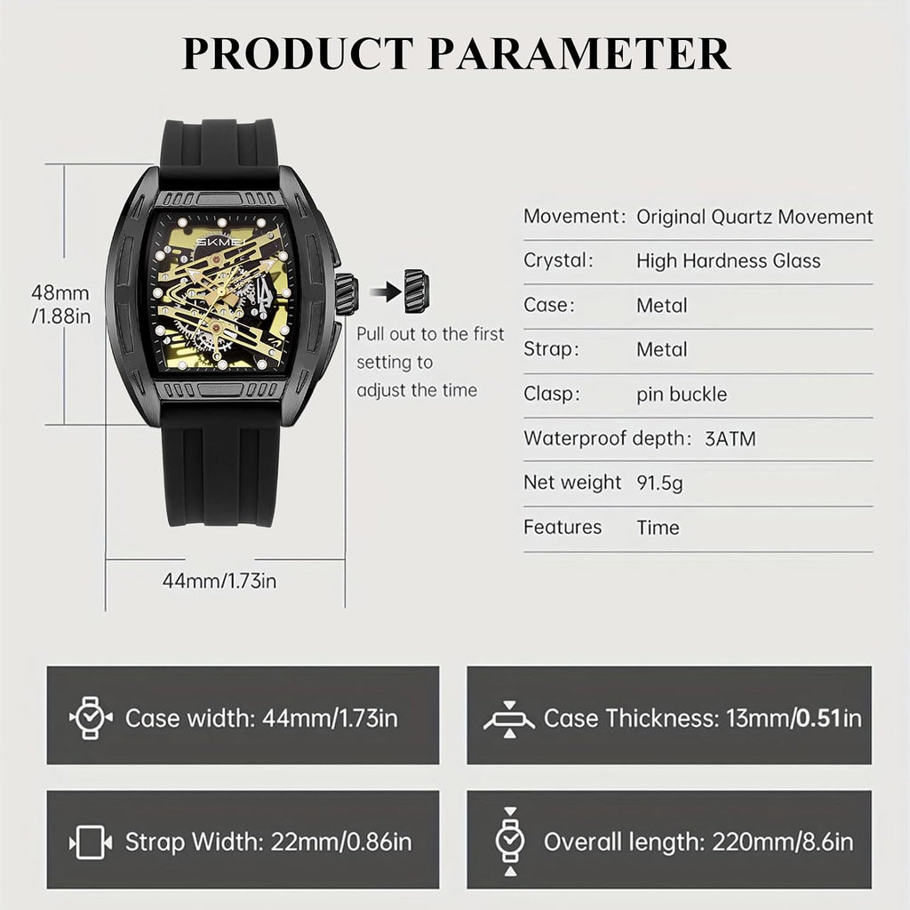 SKMEI Watches for Men,Luxury Square Mechanical Skeleton Mens Watches with 3ATM Waterproof Luminous Silicone Strap Janpanese Movement Wrist Watch