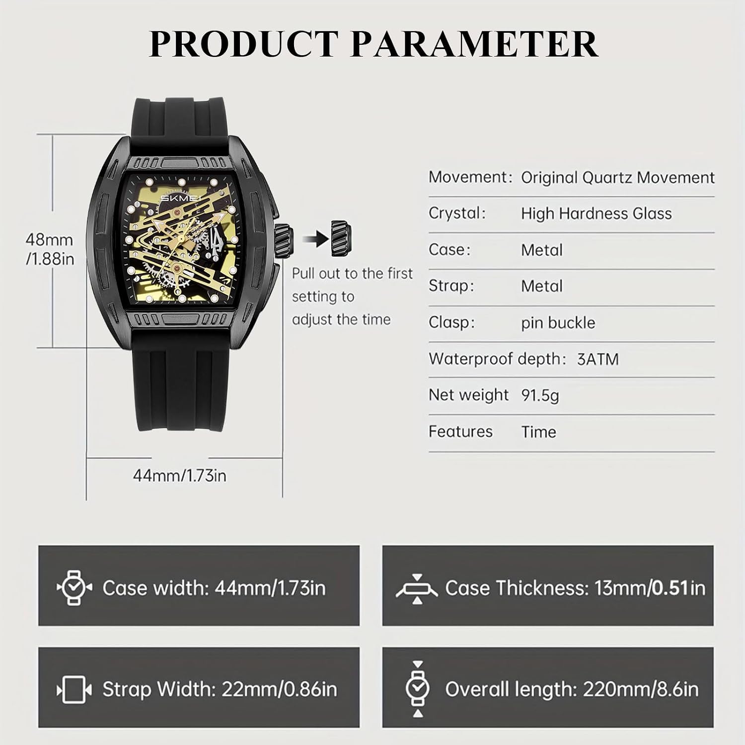SKMEI Watches for Men,Luxury Square Mechanical Skeleton Mens Watches with 3ATM Waterproof Luminous Silicone Strap Janpanese Movement Wrist Watch