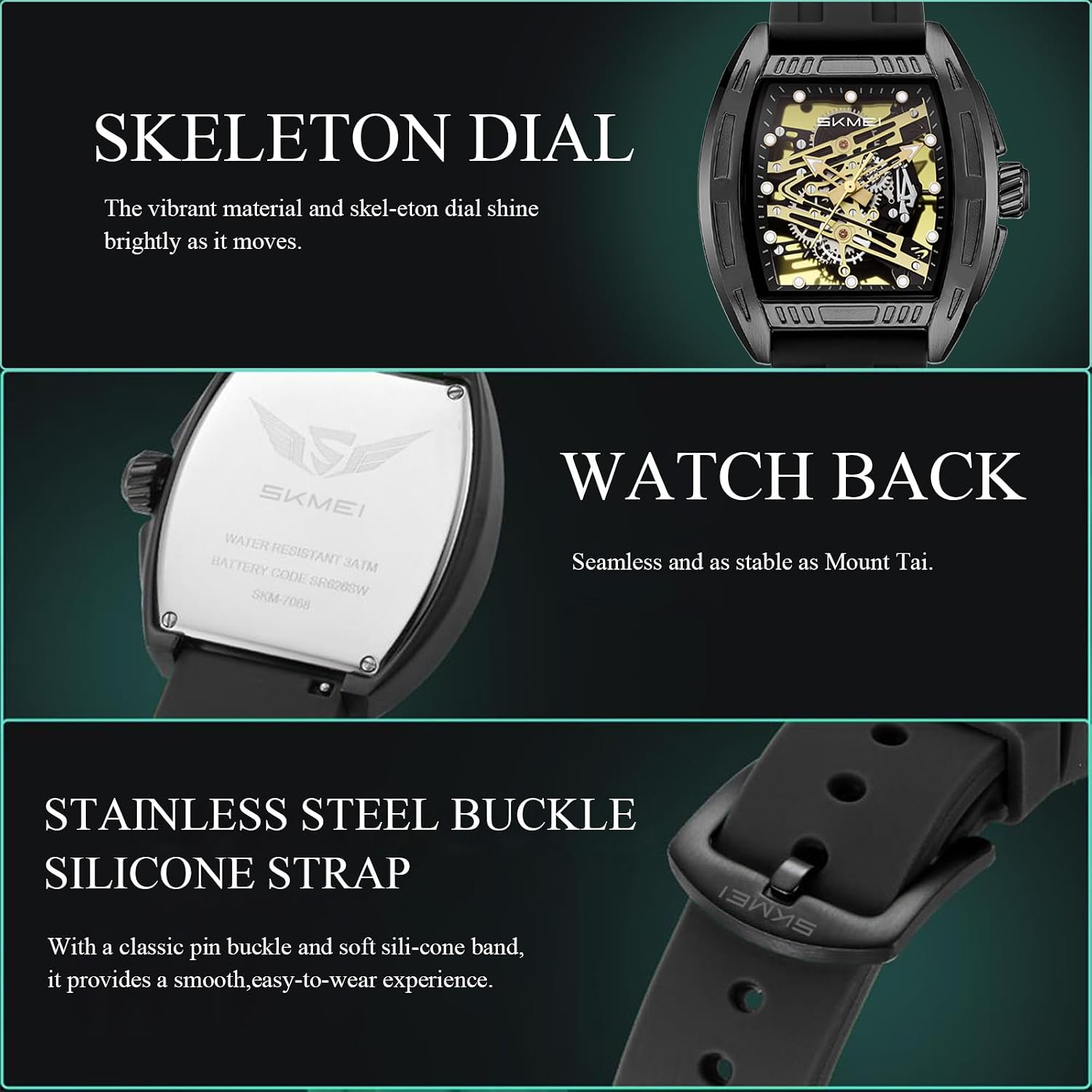 SKMEI Watches for Men,Luxury Square Mechanical Skeleton Mens Watches with 3ATM Waterproof Luminous Silicone Strap Janpanese Movement Wrist Watch