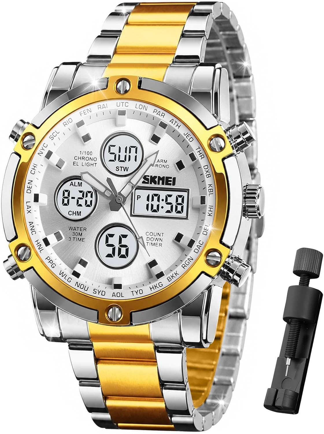 SKMEI Mens Wrist Watch, Waterproof Military Analog Digital Watches with LED Multi Time Chronograph, Stainless Steel Business Watches for Men